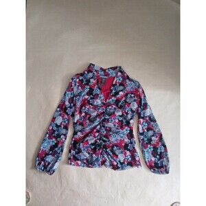 Bisou Bisou V-Neck Blouse Women's Petite L Red Floral Mesh Rouched Shirt